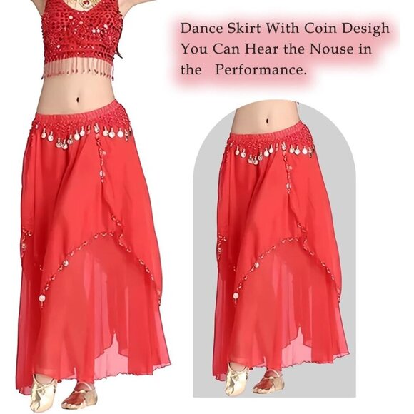 Women\'s Red Imported Chiffon Belly Dance Costume Indian Dance Skirt with Coins main image 6